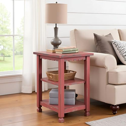 Alaterre Furniture Country Cottage Rustic Farmhouse Nightstand – 3-Tier Narrow End Table with Weathered Faded Finish, Carved Edges, & Turned Legs (Distressed Antique Red)