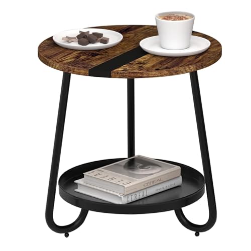 2 Tier Coffee Table in Living Room, Industrial Style Round Coffee Table with Metal Tray, Wood Small Outdoor Coffee Table for Bedroom Balcony Patio, Rustic Brown - color: Rustic Brown