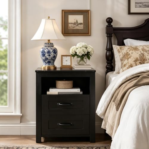 Farmhouse Nightstand with Charging Station, Bedside Table with 2 Drawers Storage, Farmhouse Night Stand with Open Shelf, End Table for Bedroom, Black - color: Black, size: 1pcs with Charging