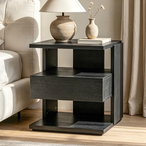 Christopher Knight Home 22" Mid Century Modern Nightstand Set of 2, Wooden Bedside Table with Drawer & 3 Tier Open Shelves, Small Side End Table Night Stand for Bedroom Living Room Small Space, Black - color: Black, size: 2pcs