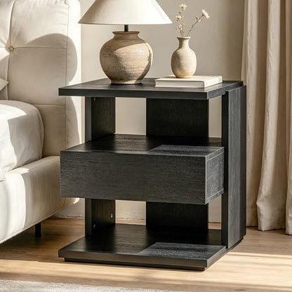 Christopher Knight Home 22" Mid Century Modern Nightstand Set of 2, Wooden Bedside Table with Drawer & 3 Tier Open Shelves, Small Side End Table Night Stand for Bedroom Living Room Small Space, Black - color: Black, size: 2pcs
