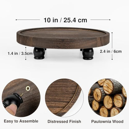 Tikea Round Wood Riser, Farmhouse Riser for Decor, Rustic Display Tray 10in | Pedestal Stand for Kitchen & Bathroom Counter Decor, Wood Riser for Plants and Soap Dispensers - Boho Home Decor, Brown