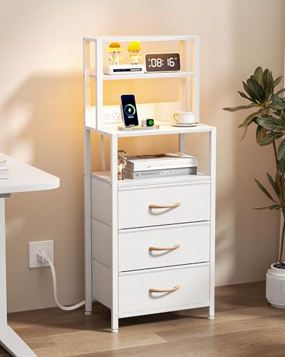 Tall Night Stand, White Bedside Nightstand with Charger Station | 4-Tier Shelves and 3 Fabric Drawers, LED Bed Side Tables with Charging Station, Tall Dresser for Bedroom, Hallway, Office - color: White, size: 3 Drawer