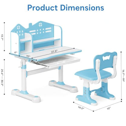 Kids Desk and Chair Set, Height Adjustable Child's School Study Writing Tables, Kids Desk with Bookstand and Storage Drawer, Widened Desktop with Desktop for Boys and Girls (Blue-A-MAX) - color: Blue-a-max