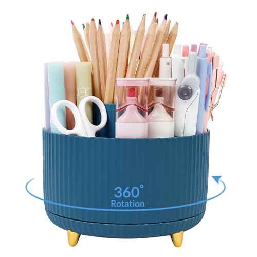 SKYDUE 360 Degree Rotating Desk Organizer, Dual-Purpose Pencil Pen Holder, Rotating Desk Pen Organizer with 5 Slots, Pencil Cup for Office, School, Home - color: Dark Blue_1Pack