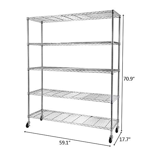 5-Tier Shelf, Adjustable Wire Metal Rack Shelving, Heavy Duty Standing Storage Shelves, Garage, Kitchen, Office, Bathroom, Shelfs Easy Assembly, 59" W x 18" D x 71" H Wheels, Chrome - color: Chrome, size: 5-tier 59.06"W x 17.72"D x 70.87"H Wheels