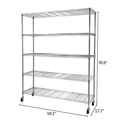 5-Tier Shelf, Adjustable Wire Metal Rack Shelving, Heavy Duty Standing Storage Shelves, Garage, Kitchen, Office, Bathroom, Shelfs Easy Assembly, 59" W x 18" D x 71" H Wheels, Chrome - color: Chrome, size: 5-tier 59.06"W x 17.72"D x 70.87"H Wheels