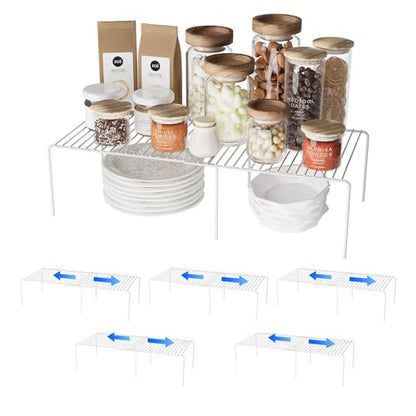 6Pack Expandable Storage Shelf, 13.5"~23" L x 9.4" W x 5.5" H, White | Adjustable Rustproof Metal Wire Spice Rack, Space Saver Kitchen Storage Shelves for Pan, Pot, Countertop, Drawer, Fridge - size: 6Pack-White-13.5-23 x 10 inch