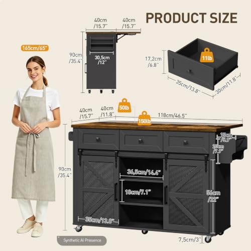 Kitchen Island with Storage, 55" Kitchen Cart with Charging Station, Rolling Kitchen Island Table with Drop-Leaf, 3 Drawers, Barn Doors, Towel Rack and Spice Rack, Black and Rustic Brown - color: Black + Rustic Brown