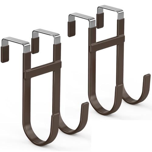 FYY Over the Door Hooks, Double-Hanger 2 Pack, Fits Doors 1 3/8" Brown | Heavy Duty Metal, Hold 100lbs, Rubber-Coated, No-Drilling, for Bathroom Dorm, Hanging Clothes Towels Bags Ironing Board Robe - color: Brown, size: 5.12" Long, Fit Interior Doors Up t