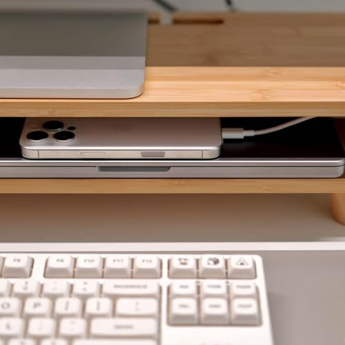 Bamboo Monitor Stand Riser with Drawer, Ergonomic Computer Riser for Desk with Cable Management & Storage Organizer, Wood Monitor Stand for Home Office