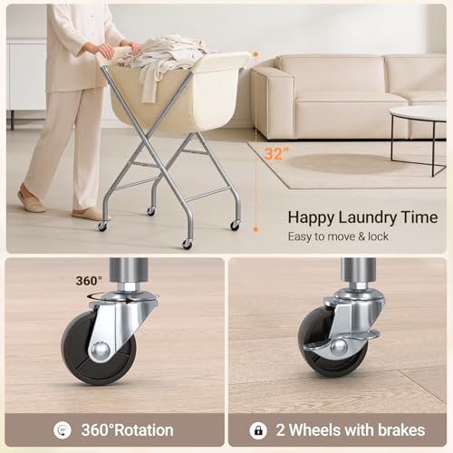 ELYKEN Laundry Cart with Wheels, 32”H Easy Rolling Laundry Hamper with Removable Liner Bag, Sturdy Metal Frame Clothes Basket with 4 Casters and 2 Brakes - color: Creamy, size: 23.2"L x 13"W x 32"H