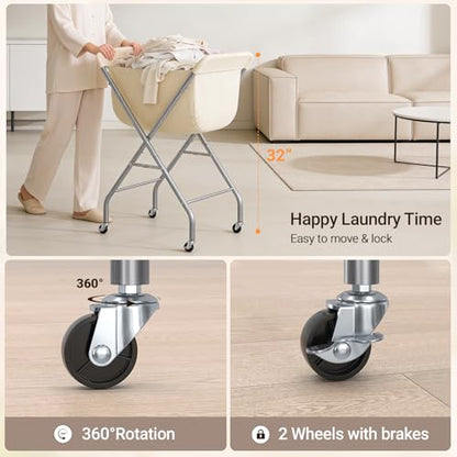ELYKEN Laundry Cart with Wheels, 32”H Easy Rolling Laundry Hamper with Removable Liner Bag, Sturdy Metal Frame Clothes Basket with 4 Casters and 2 Brakes - color: Creamy, size: 23.2"L x 13"W x 32"H