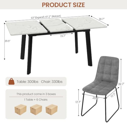 47.2"-63" Extendable Dining Room Table Set for 4-8 People, White | Removable Extension Leaf, Robust MDF Rectangle Tabletop, 6 Grey U-shaped PU Leather Chairs, Heavy Duty Modern Kitchen Table - color: 47.2'' - 63'' White Table+6 U Grey Chairs