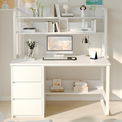 MaverickFurni White Desk with Hutch, 47 Inch Computer Desk with 3 Drawers for Bedroom, Study Writing Desk with Shelves for Small Spaces, Adjustable Feet - color: White, size: 47"W