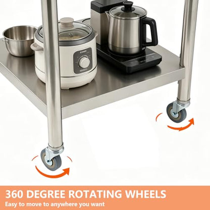 Garvee Stainless Steel Curved Edge Work Table 48 inch Double Layer with Backsplash & Casters, Heavy Duty Commercial Prep Table with Hook, 0.7mm Thick - size: 48*24*35 inch - with back panel + casters