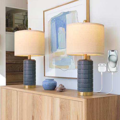 PoKat 21.5'' Bedside Table Lamps Set of 2 with USB A+C Ports for Living Room, Ceramic Modern Lamps for Bedroom, Small Nightstand Lamps for Office Guest Room Hallway Sideboard Gift Decor (Blue) - color: Blue - Dual USB Ports