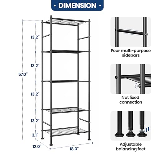 Abiglifty Storage Shelves, 5 Tier Metal Shelf Organizer, Garage Shelving with Adjustable Leveling Feet, Shelves Organizer for Bathroom, Closet, Garage, 18" x 12" x 57", Black - size: 5 Tier