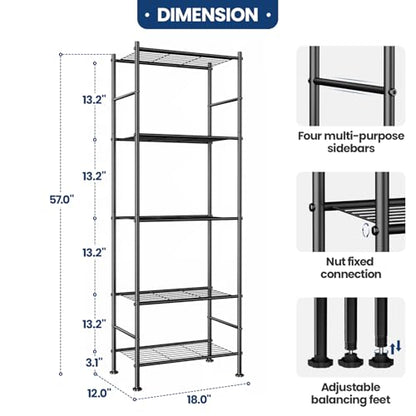 Abiglifty Storage Shelves, 5 Tier Metal Shelf Organizer, Garage Shelving with Adjustable Leveling Feet, Shelves Organizer for Bathroom, Closet, Garage, 18" x 12" x 57", Black - size: 5 Tier