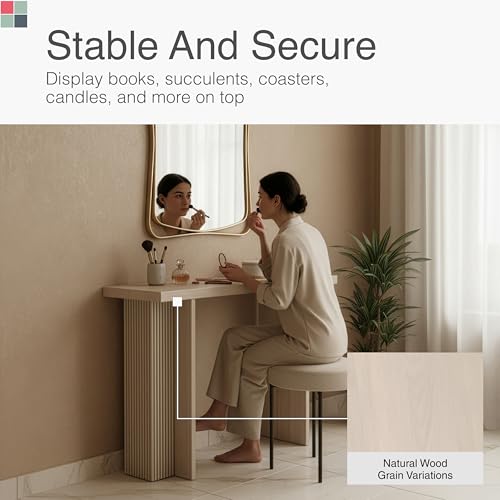 Stead Fluted Console Table – Weathered White Solid Wood Entryway Table with Oak Grain Veneer, Curved Base & Adjustable Feet – Modern Farmhouse Fluted Console Table for Hallway or Living Room.