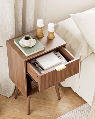 Fluted Nightstand, Modern Bedside Table with Storage Drawer, Wood Night Stand Side End Table for Bedroom, Living Room, Office (Walnut) - color: Walnut