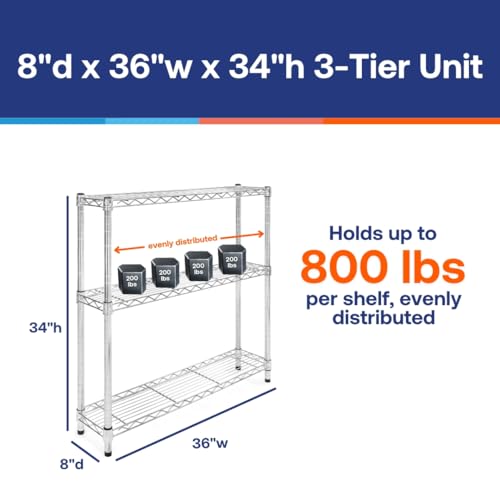 Shelving Inc. 8" d x 36" w Chrome Wire Shelving with 3 Tier Shelves, Weight Capacity 800lbs Per Shelf - size: 8" d x 36" w x 34" h