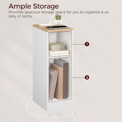 MAHANCRIS Narrow Nightstand, Narrow End Table with Charging Station, Skinny Bedside Table for Small Spaces, Mid Century Modern Night Stand for Bedroom, Living Roon, Natural and White ETNW30E01 - color: Natural and White