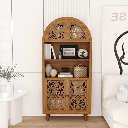 66.9" Tall Arched Display Cabinet with Hand-Carved Door and Shelves, 5-Tier Bookshelf Modern Farmhouse Arched Bookcase, Wooden Open Floor Arched Book Shelf for Living Room, Office, Walnut Finish - color: Walnut 66.9"