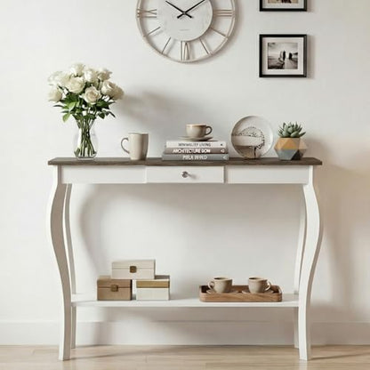 ChooChoo Narrow Farmhouse Console Table with Drawer, Chic Accent Sofa Entryway Table with Shelves for Entryway, Living Room, Hallway, Soft White - color: Soft White, size: 11.8"D x 39.3"W x 31.4"H