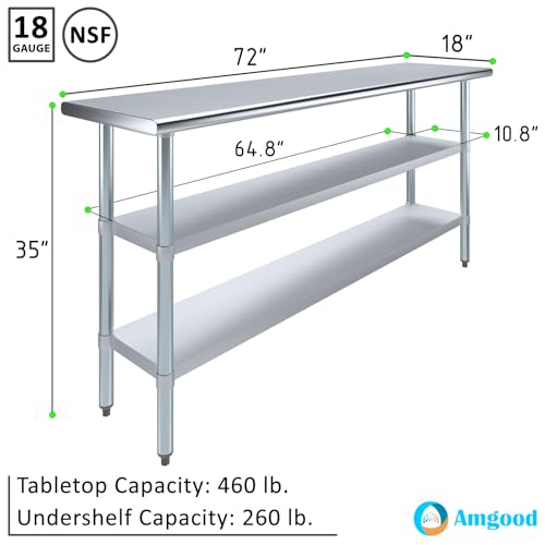 Stainless Steel Work Table with 2 Shelves | Metal Utility Table | Commercial & Residential NSF Utility (Stainless Steel Table with 2 Shelves, 72" Long x 18" Deep) - size: 72" Long x 18" Deep
