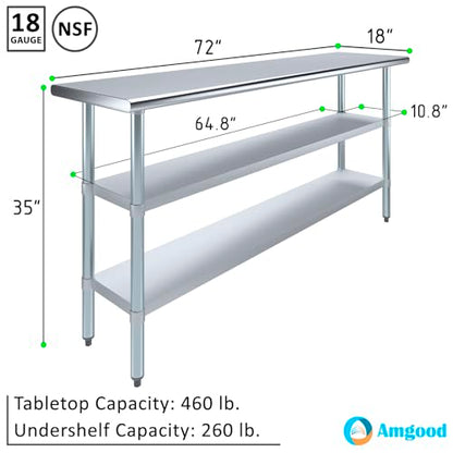 Stainless Steel Work Table with 2 Shelves | Metal Utility Table | Commercial & Residential NSF Utility (Stainless Steel Table with 2 Shelves, 72" Long x 18" Deep) - size: 72" Long x 18" Deep