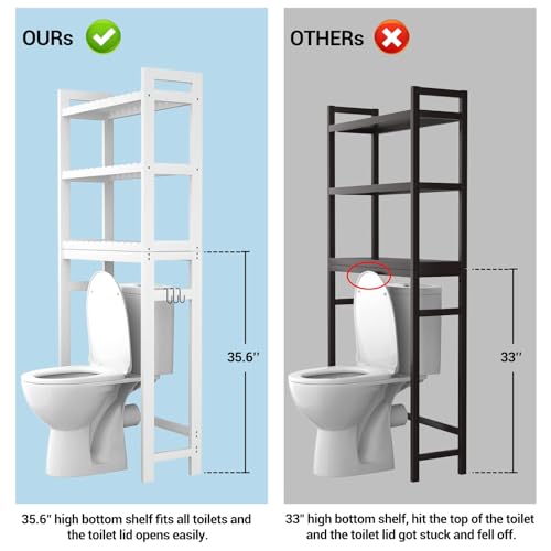 Homykic Over The Toilet Storage, Bamboo Over Toilet Bathroom Organizer Rack, Freestanding Bathroom Shelves Above Toilet Storage with 3 Hooks, Bathroom Space Saver, No Rust, Easy to Assemble, White - color: White