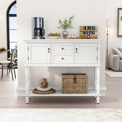 ARTPOWER Console Table with 2 Drawers, Retro Entryway Table with 2 Door Cabinets and Open Storage Shelf, Narrow Long Behind Couch Sofa Table for Living Room, Foyer, Hallway, White - color: White