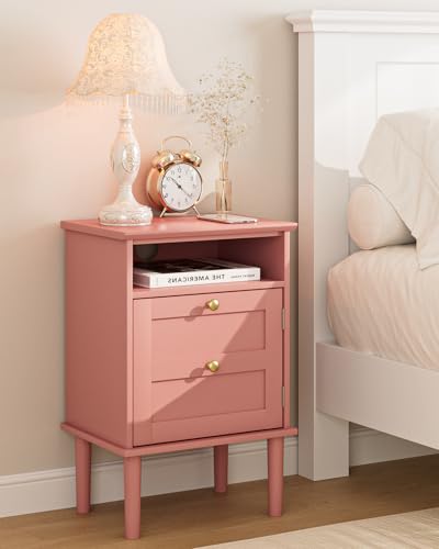 Nightstand, Boho Night Stand with 1 Drawers, Modern Side Accent Table with Open Shelf, Wooden Top Bedside End Table for Bedroom, Living Room, Pink - color: Pink