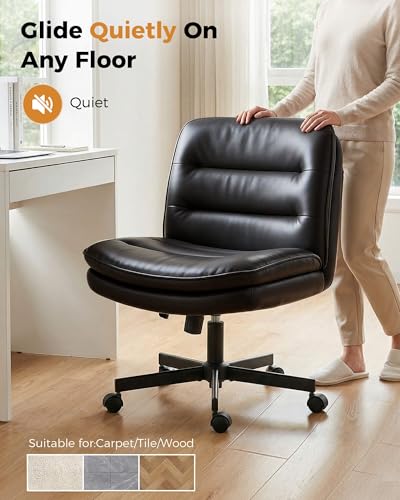 COMHOMA Cross Legged Office Chair with Wheels Armless Office Desk Chair, Modern Vanity Computer Task Chairs for Home Bedroom, Comfortable Wide Seat for Lower Back Pain Relief, PU Leahter, Black - color: Matte-black