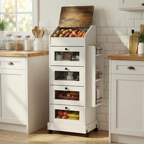 ARTETHYS Potato Storage Bin 5-Tier Rolling White Bread Box with Side Rack | Onion Keeper with Spice Rack on Wheels, Movable Fruit & Vegetable Container with 4 Ventilated Drawers for Kitchen - color: White