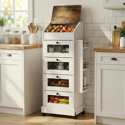 ARTETHYS Potato Storage Bin 5-Tier Rolling White Bread Box with Side Rack | Onion Keeper with Spice Rack on Wheels, Movable Fruit & Vegetable Container with 4 Ventilated Drawers for Kitchen - color: White