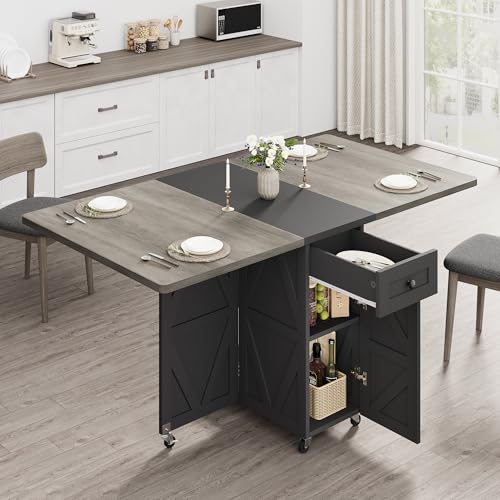 Jocoevol Folding Dining Table for Small Spaces, Space Saving Foldable Kitchen Table with Drawer & 2-Tier Storage Shelf, Rolling Expandable Dining Table with Wheels, Farmhouse, Grey - color: Grey, size: 51.1"D x 31.4"W x 29.9"H