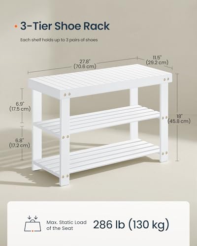 SONGMICS HOME 3-Tier Bamboo Shoe Bench, Shoe Rack, for Entryway Bathroom Bedroom, 11.5 x 27.8 x 18 Inches, White - color: White