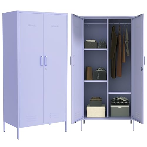 Industrial 67" Purple Lockable Metal 2-Door Storage Cabinet, Multi-Purpose Wardrobe with Hanging Rod & Adjustable Shelves, Heavy Duty for Bedroom, Garage, Home Office 67"H X 31.5"W X 18.1"D - color: Lilac, style: Wardrobe-67"H-JS