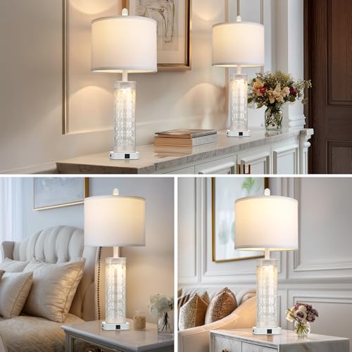 28" White Print Glass Table Lamp Set of 2 with Night Light, Modern Bedside Lamps with USB C+A Charging Ports, Nightstand Lamps for Living Room, Glass Lamps for Bedroom End Table, 2 Bulbs Included - color: White Print(2 Pack)