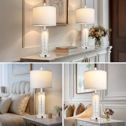 28" White Print Glass Table Lamp Set of 2 with Night Light, Modern Bedside Lamps with USB C+A Charging Ports, Nightstand Lamps for Living Room, Glass Lamps for Bedroom End Table, 2 Bulbs Included - color: White Print(2 Pack)