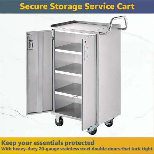 16" x 24" Five Shelf Stainless Steel Utility Cart with Enclosed Base and Locking Doors - 18-Gauge 304 Commercial Heavy-Duty Service Cart - NSF Mobile Storage Cart for Kitchen, Catering, Restaurant - size: 5 Shelf
