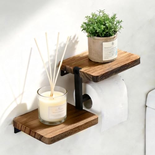 YIGII Toilet Paper Holder with Shelf - Self Adhesive Wooden Tissue Paper Roll Holder, Bathroom Wall Mounted Toilet Paper Roll Holder with Wipes Storage