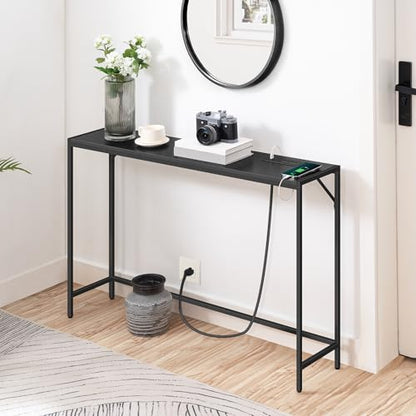 MAHANCRIS 43.7”Console Table with Outlet, Narrow Sofa Table with Charging Station, Entryway Table with Display Shelf, Behind Couch Table, Long Sofa Side Table, Living Room, Hallway, Black CTHB112E01 - color: Black
