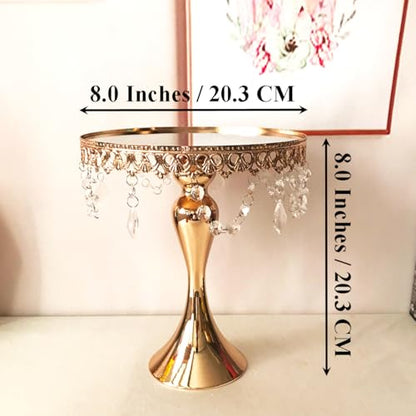 8 Inches 20 cm Gold Round Mirror Cake Stand Cupcake Stands Metal Pedestal Holder with Crystals, Party Dessert Cheese Display Plate for Wedding Party Birthday Baby Shower Celebration Home Decors