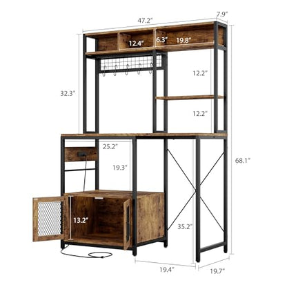 Garvee Microwave Stand with Fridge Stand Space, Industrial Kitchen Shelf with Power Outlet, Freestanding Kitchen Storage for Pantry Living Room, 47.2 x 19.7 x 68.1 Inches, Rustic Brown