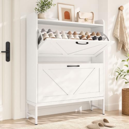 Shoe Cabinet with 2 Flip,Shoe Cabinet Storage,Shoe Organizer Cabinet,White | Hidden Wood Shoe Cabinet,reestanding Shoe Rack Cabinet for Entryway Hallway - color: White