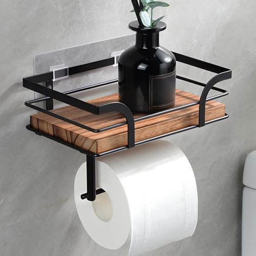 YIGII Rustic Farmhouse Toilet Paper Holder with Shelf - Wooden Tissue Paper Roll Holder, Bathroom Wall Mounted Toilet Paper Roll Holder with Wipes Storage, Black Metal - color: Matte Black+brown