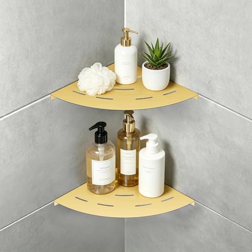 soaez Brushed Gold Corner Shower Shelf, SUS304 Stainless Steel Bathroom Shower Shelves Prevent Rust Drilling Installation (8", 2Pack) - color: Brushed Gold, size: Screw Installation